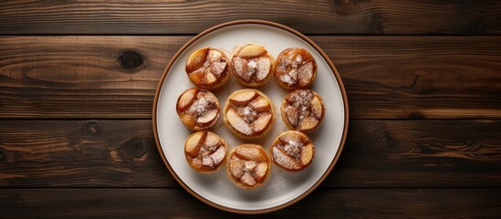Aufkleber - A top down view of round apple lattice cakes placed on a plate against an old wooden background with ample space for additional imagery or text