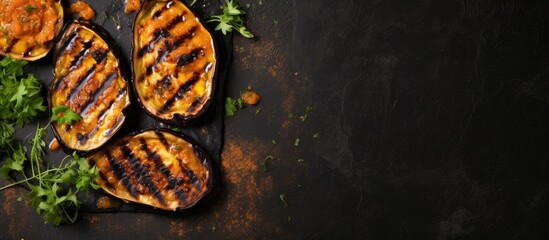 Poster - A top down view of grilled eggplant aubergine with sauce presented on a dark stone background that provides ample copy space for text or images
