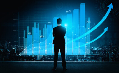 Wall Mural - Double Exposure Image of Business and Finance - Businessman with report chart up forward to financial profit growth of stock market investment. uds