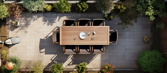 Poster - An aerial view of the outdoor space with a clear unobstructed view of the patio from above providing ample copy space for additional images or text 182 characters