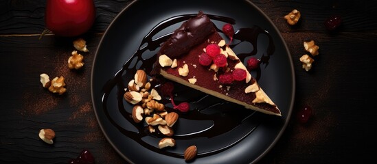 Poster - A traditional dessert featuring a rich chocolate cake topped with pears stewed in red wine hazelnuts and walnuts captured in a captivating top view copy space image