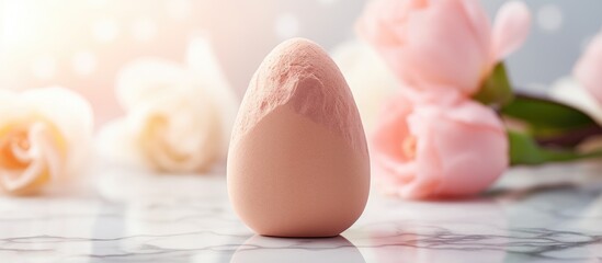 Poster - A beauty blender a sponge used for applying foundation and concealer is displayed on a white marble background in a beauty concept image with available space for text and copy space