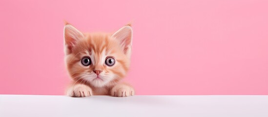 Poster - A playful and funny red kitten on a pink background offering a blank area for advertising purposes such as posters sales or veterinary clinics It provides ample copy space for adding text or images