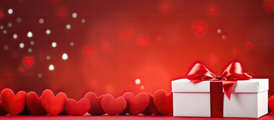 Aufkleber - A red background with copy space image featuring red paper hearts a white gift box with a ribbon and a celebratory concept for occasions like St Valentine s Day Mother s Day birthdays greeting cards
