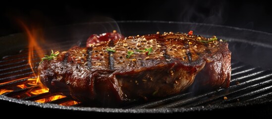 Poster - A copy space image of a beautifully grilled Sirloin meat steak marinated and cooked in a Cast Iron Skillet pan represents the concept of delicious food
