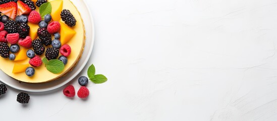 Aufkleber - A top down view of a cheesecake adorned with fresh berries and mango placed on a light gray plate against a white backdrop offering space for your text. Creative banner. Copyspace image