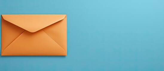 Poster - A mock up copy space image of a beige envelope with a blank orange sheet of paper inside is seen lying on a blue background The top view and flat lay perspective depict the concept of receiving mail