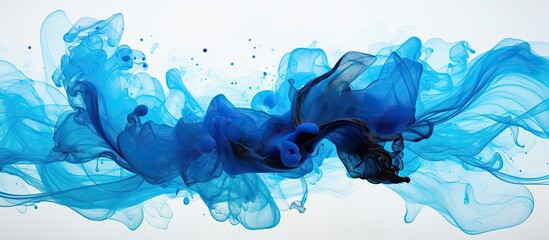 Poster - An artistic copy space image captures the captivating blend of blue black turquoise and white paint splashes swirling harmoniously in water