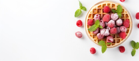 Poster - Top view of a delicious Belgian waffle adorned with fresh raspberries powdered sugar and mint on a white table Ample space for adding text in the image
