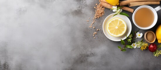 Poster - A healthy drink ginger tea with lemon honey and spices positioned on a copy space image of a gray stone background is seen from a top down perspective