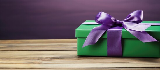 Poster - On the aged wooden table sits a gift box in green paper adorned with a stylish purple ribbon bow ready for a perfect gift For added personalized touches a copy space image is conveniently available