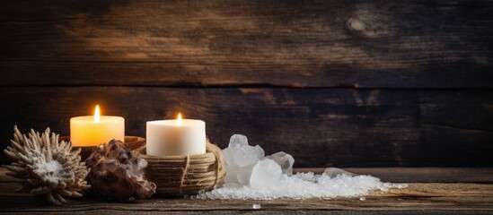 Aufkleber - A serene and enchanting image with sea salt candles and a rustic wooden backdrop perfect for advertising or design projects Ideal copy space image