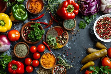 Aufkleber - A flat lay image of fresh vegetables and spices on a kitchen table, featuring red peppers, tomatoes, onions, and fresh herbs. Generative AI