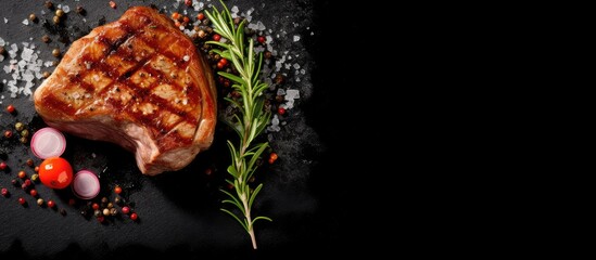 Poster - A delectable pork steak seasoned to perfection sizzling on a sleek black stone plate Captured from above with ample space for text or graphics