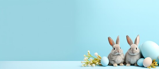 Fototapete - A modern Easter decoration featuring rabbits on a pastel blue background with a white frame The design includes copy space for text and conveys a holiday concept for a Happy Easter greeting card