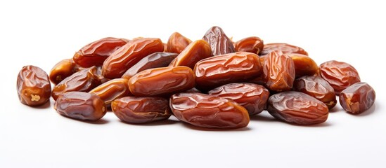 Poster - A copy space image showcasing dried sliced date fruit placed on a white background This vegan sugar free snack is both healthy and delicious