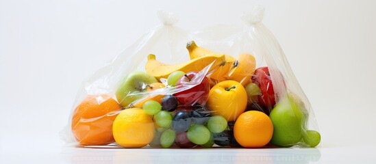 Poster - A plastic free fruit concept displayed in a bag with a white background leaving ample copy space for additional information or design elements