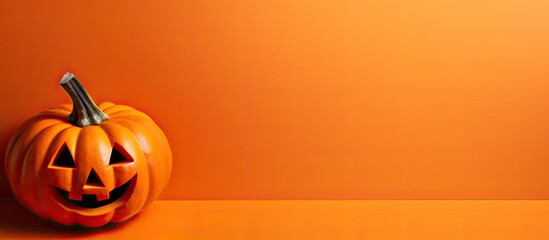 Aufkleber - A minimal flat lay view of a Halloween background decoration showcasing a jack O pumpkin face on an orange table creating a festive holiday concept The scene is perfect for copy space images 158 char