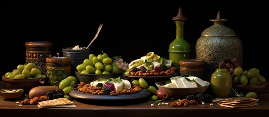 Poster - An iftar table displaying a variety of traditional items including dates pita bread and green olives with ample space for copying a photograph