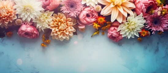 Poster - A captivating top view flat lay image of artificial flowers on a bright background with copy space The photo boasts vibrant colors and stunning retro light effects creating a magical and nostalgic at