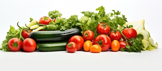Aufkleber - Copy space image featuring fresh tomatoes and cucumbers of vibrant colors showcased on a pristine white background providing a perfect spot for accompanying text