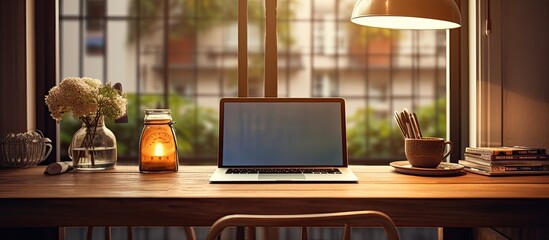 Poster - Home office with a cozy working environment featuring a wooden table and a modern laptop resting on it Embodies the idea of freelance work with a copy space image