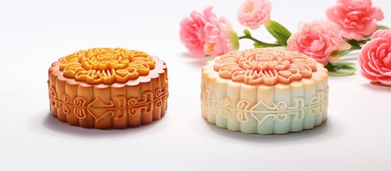 Poster - A vibrant mooncake adorned with colorful flowers a traditional Chinese treat is showcased on a white background with border for text placement. Creative banner. Copyspace image