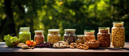 Poster - There are various types of nuts including walnuts cashews and peanuts along with sunflower seeds and pumpkins displayed in jars on the table amidst the greenery Don t forget the copy space image