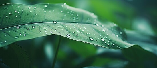 Poster - A vintage toned close up image of raindrops on a textured green leaf in a tropical nature setting creating an abstract background It highlights the concepts of ecology environment and travel adventur