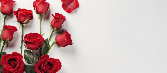 Aufkleber - A top view of a white background showcasing gorgeous red roses and buds Ample space is available for adding text The image is presented as a flat lay
