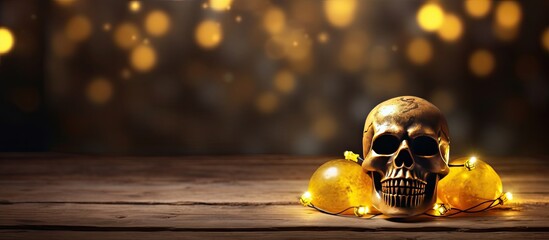Poster - a digitally generated image with a halloween theme featuring a skull surrounded by blurred yellow bo