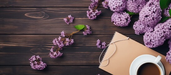 Wall Mural - A top view image displaying a happy birthday concept with lilac flowers a notebook and a coffee cup placed on a wooden table providing ample copy space