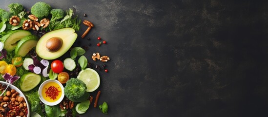 Poster - The concept of healthy vegan food is depicted with fresh organic vegetables walnuts and a salad mix placed on a cooking background made of stone The image contains copy space and is captured from a t