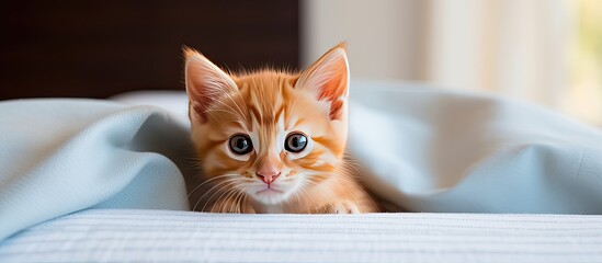 Poster - A cute red kitten is peacefully resting on a pillow gazing directly at the camera with a heartwarming expression capturing a beautiful copy space image of a cherished pet at home