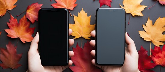 Aufkleber - Flat lay autumn composition with copy space image featuring a phone held in hand against a backdrop of vibrant autumn leaves symbolizing the concepts of Thanksgiving day Halloween and Black Friday sa
