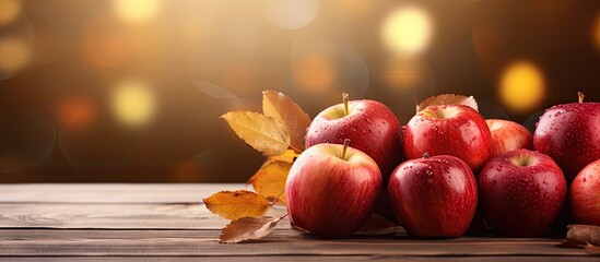 Aufkleber - Autumn themed apples are placed on a wooden table against a blurred background with a bokeh effect creating a visually appealing copy space image