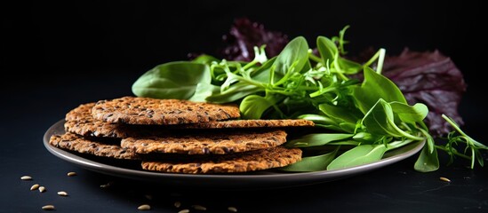 Poster - A plate with vegan dieting food crunchy crispy breads or flatbreads made from flax seeds accompanied by green salad leaves Copy space image