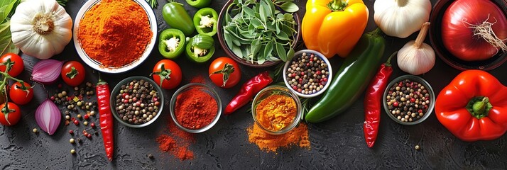 Poster - A flat lay image showcasing a variety of spices and fresh vegetables laid out on a kitchen table. The scene includes spices in small bowls, vegetables like bell peppers, tomatoes