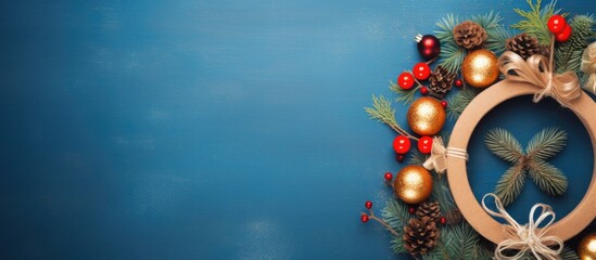Poster - A festive Christmas wreath and gift box sit on a blue table surrounded by New Year s decorations The view is from the top offering a flat lay arrangement with ample copy space
