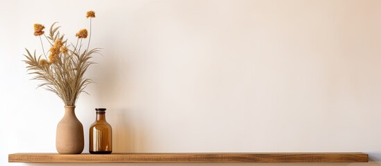 Aufkleber - Front view of a homemade wooden shelf displaying a potted plant and a dried flower enclosed in a bottle Offers copy space for text and mockup purposes