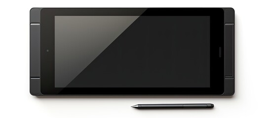 Canvas Print - A modern black tablet with a 10 4 screen is displayed on a cover along with a pen The screen is blank providing space for text The image represents modern technology and is isolated on a white backgr