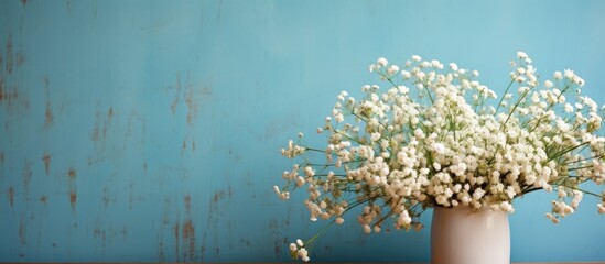 Poster - A stunning bouquet of gypsophila flowers adorns a table poised against a backdrop of a light brick wall creating a captivating copy space image