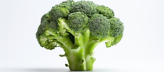 Aufkleber - A close up copy space image focuses on a single ripe and juicy organic broccoli head The green curd of the broccoli stands out against a white background representing the healthy diet concept of clea
