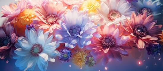 Poster - A captivating top view flat lay image of artificial flowers on a bright background with copy space The photo boasts vibrant colors and stunning retro light effects creating a magical and nostalgic at