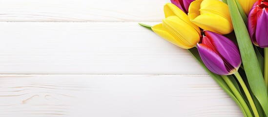 Poster - A colorful tulip in yellow and red hues stands beside a purple greeting card set against a backdrop of white wooden planks A copy space image is available for adding personalized text