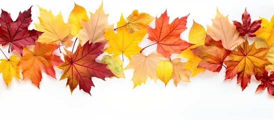 Poster - An exquisite border frame formed by an assortment of vibrant autumn leaves isolated on a pristine white background creating an ideal copy space image