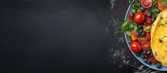 Poster - Top view of a colorful omelette filled with scrambled eggs and vegetables showcased on a dark blue backdrop Copy space image includes tomatoes and bell pepper