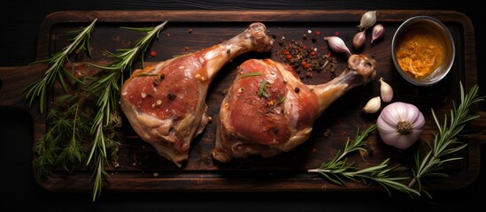 Poster - Copy space image of raw duck legs seasoned with rosemary spices and olive oil displayed on a cutting board against a dark backdrop viewed from the top