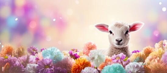 Canvas Print - Copy space image of a festive Easter background adorned with colorful Easter eggs a delightful lamb and vibrant flowers creating an ambiance of joy and celebration