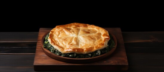 Aufkleber - The Greek Pie Spanakopita consisting of spinach and cheese is beautifully presented on a wooden board with a gray background as seen from a top down perspective There is ample copy space available fo